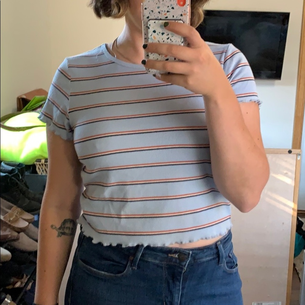 American Eagle Blue Stripe Lettuce Hem Crop Top